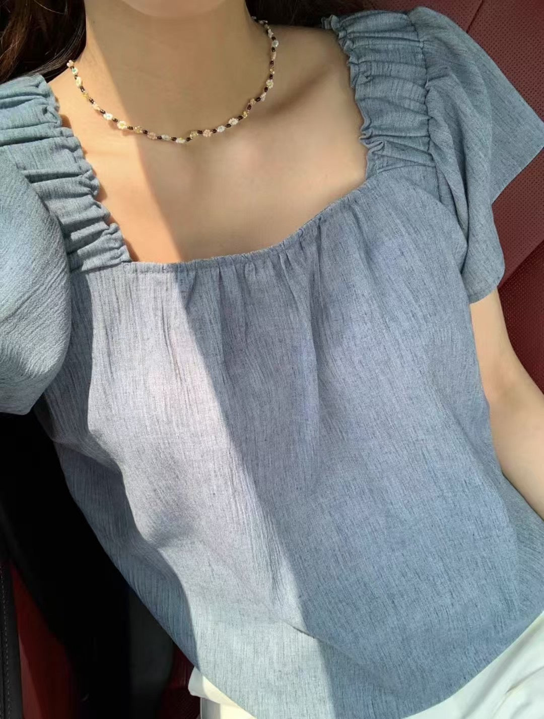 棉麻質方領ruffle top