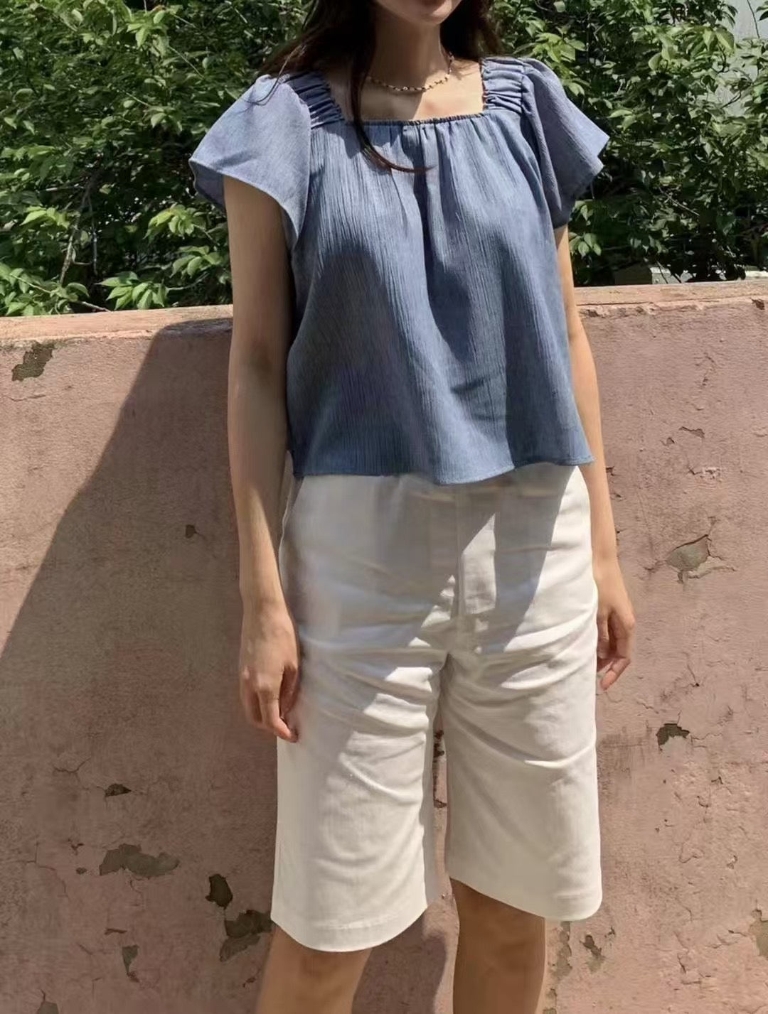 棉麻質方領ruffle top