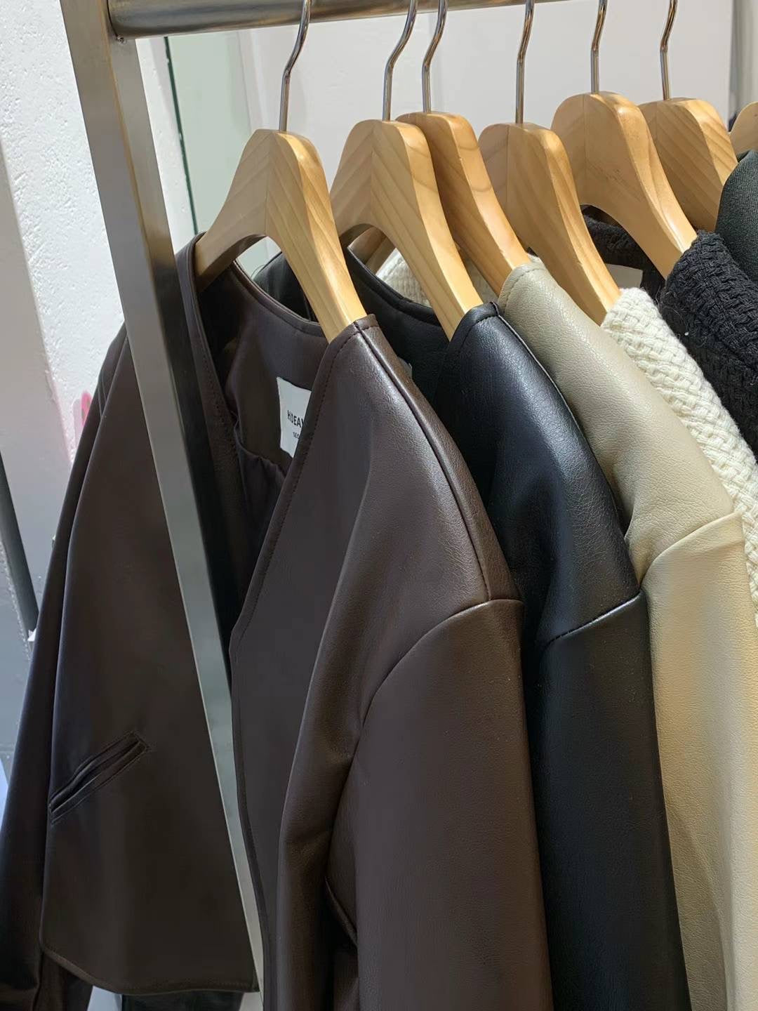 Collarless leather jacket