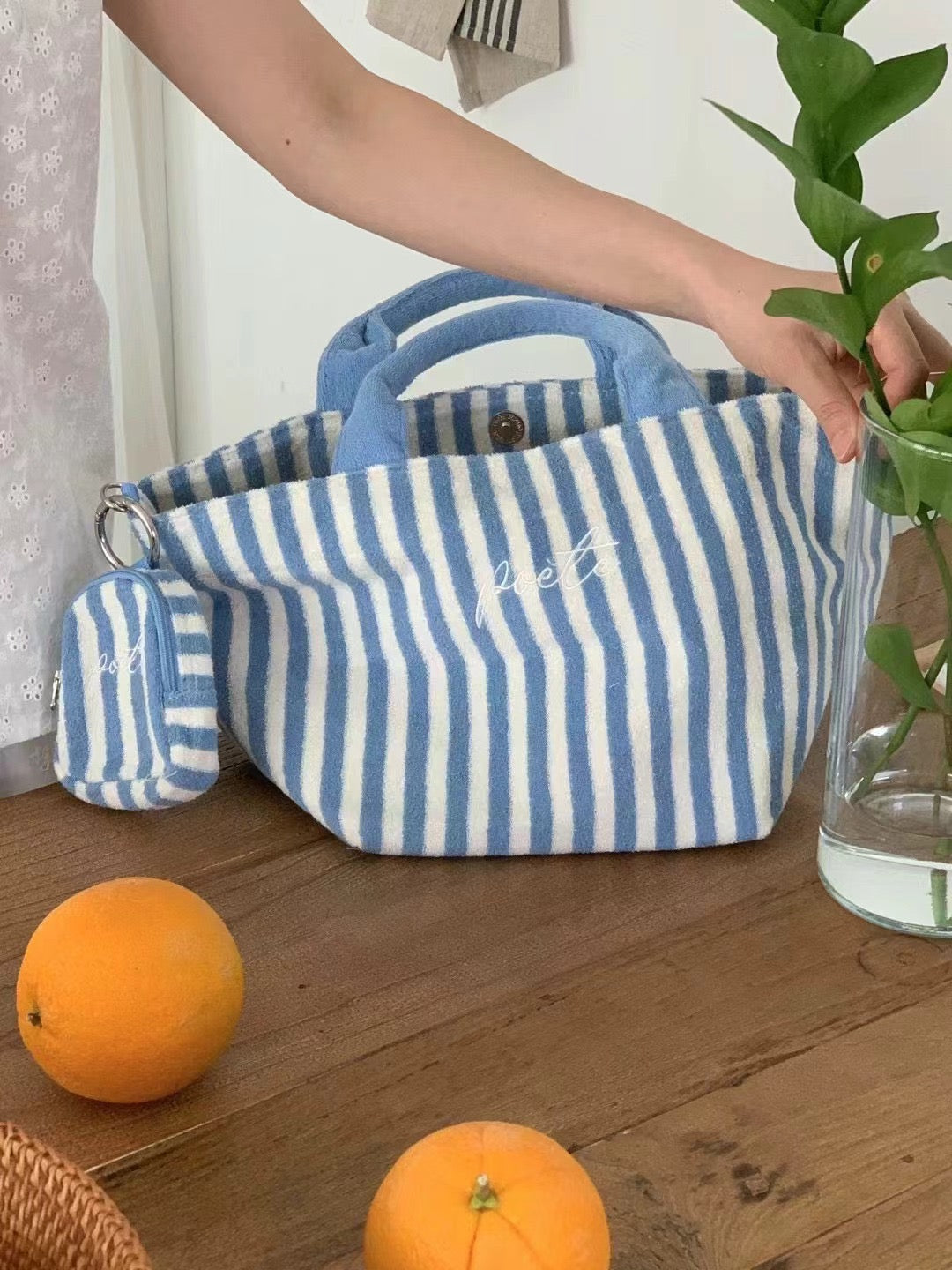 毛巾布條紋Tote bag