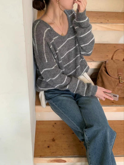 V領條紋羊毛針織上衣