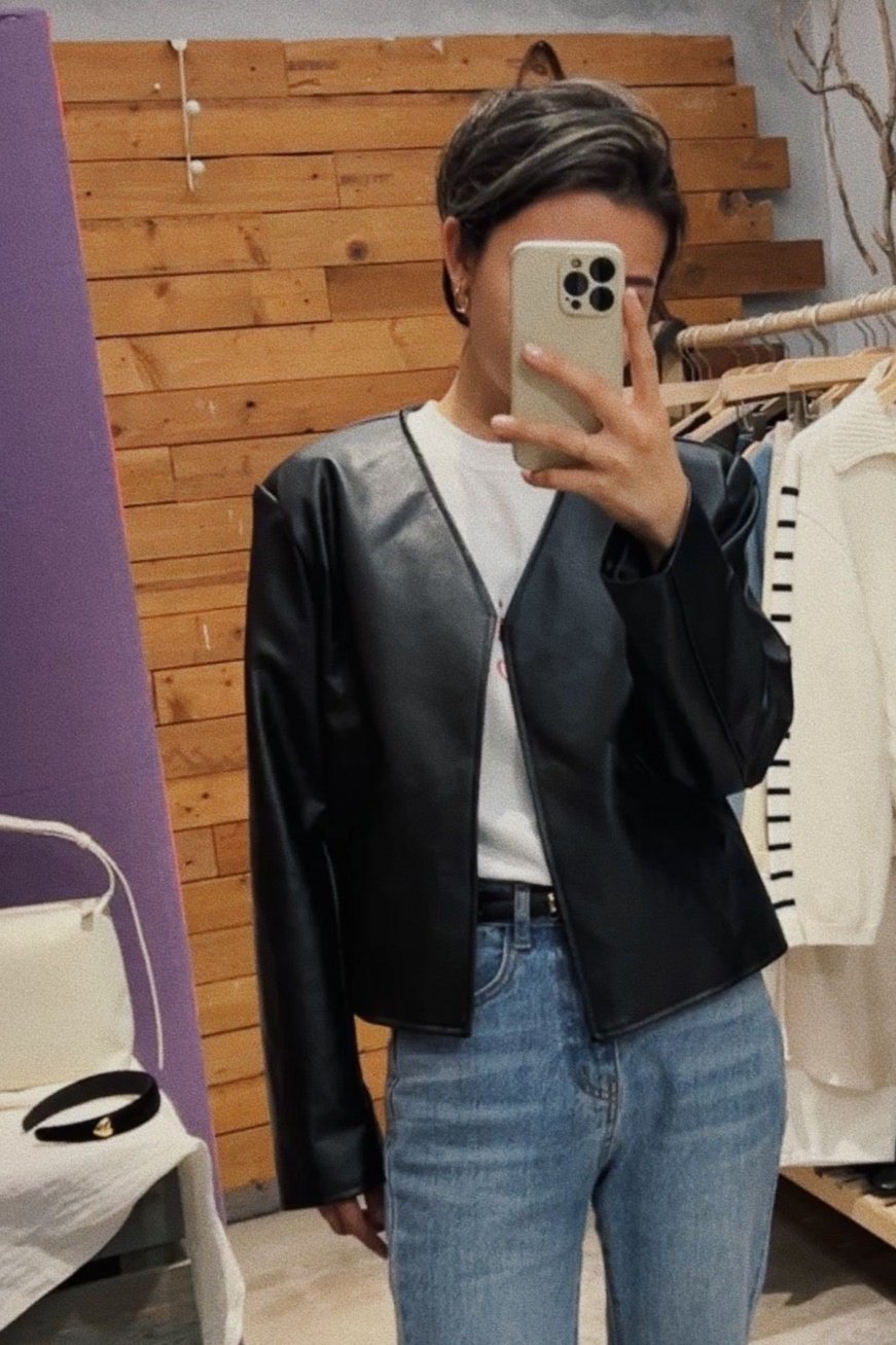 Collarless leather jacket