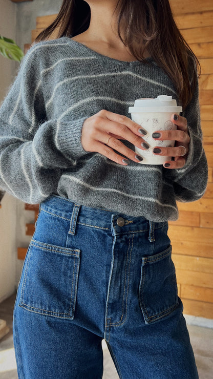 V領條紋羊毛針織上衣