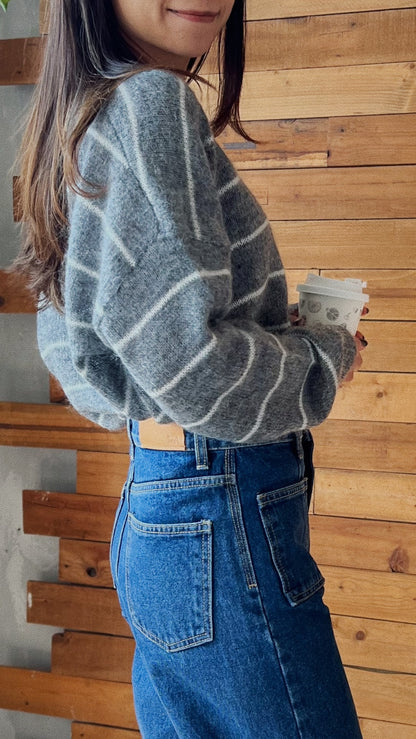 V領條紋羊毛針織上衣