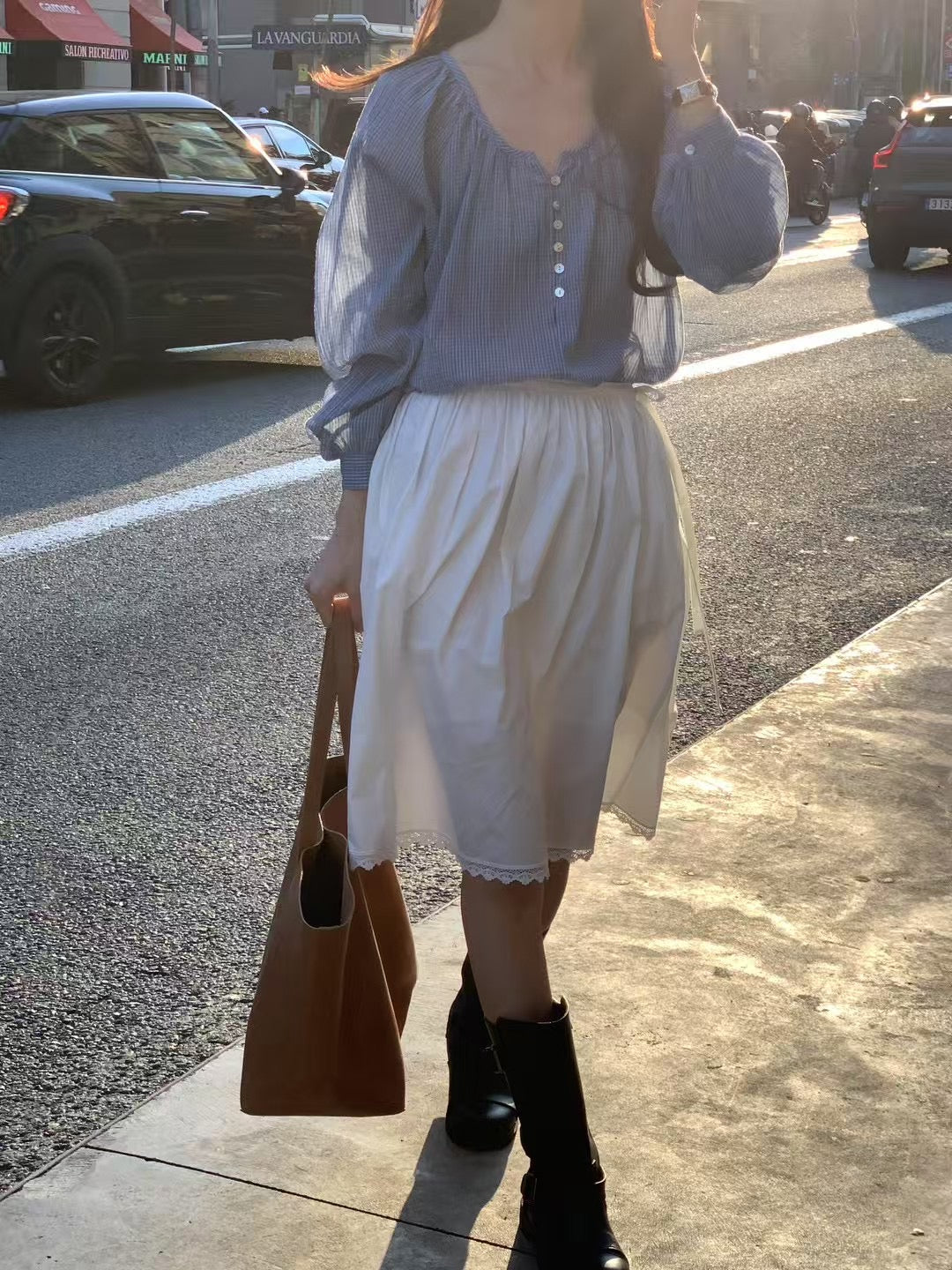小格紋泡泡上衣