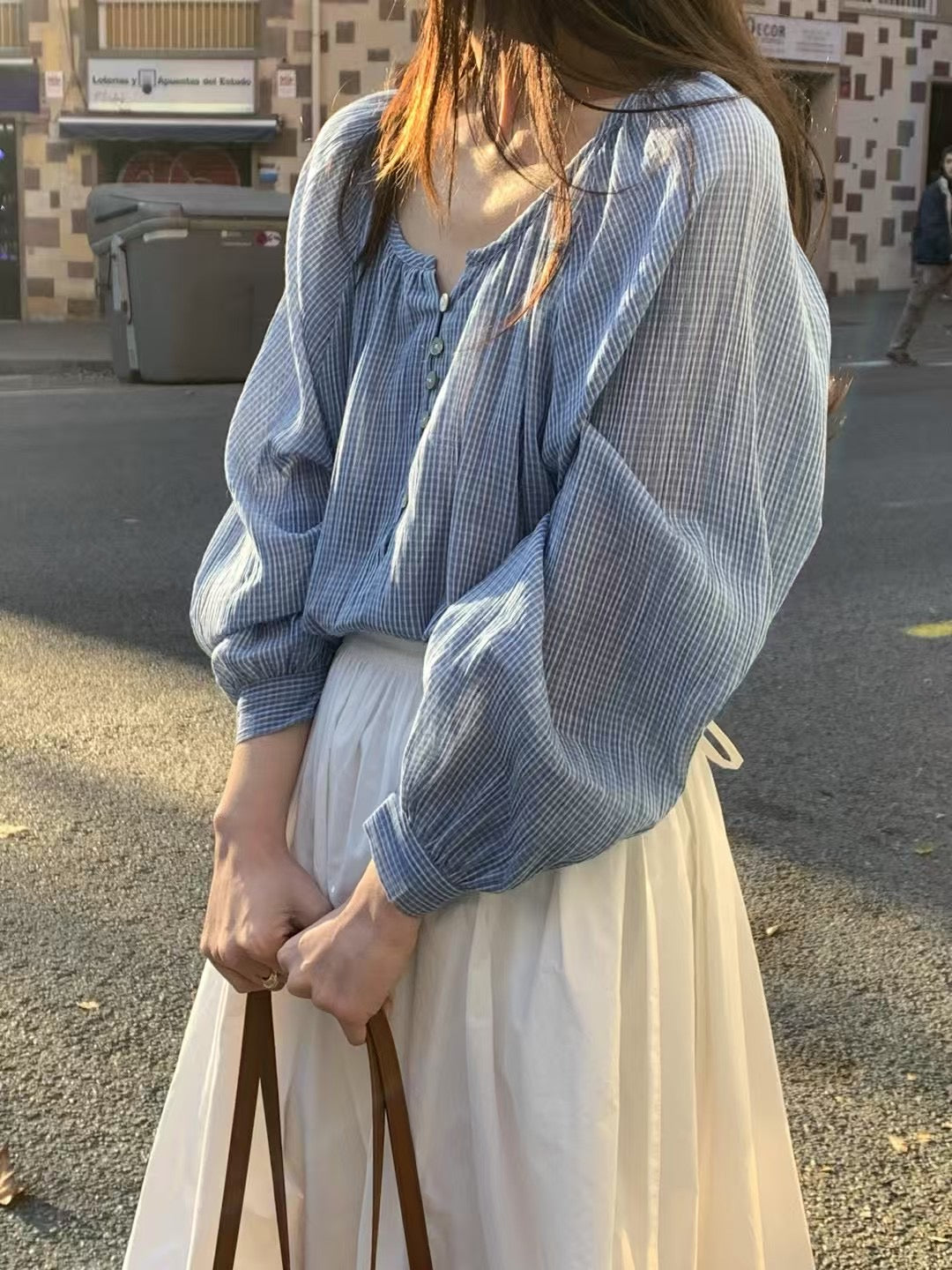 小格紋泡泡上衣