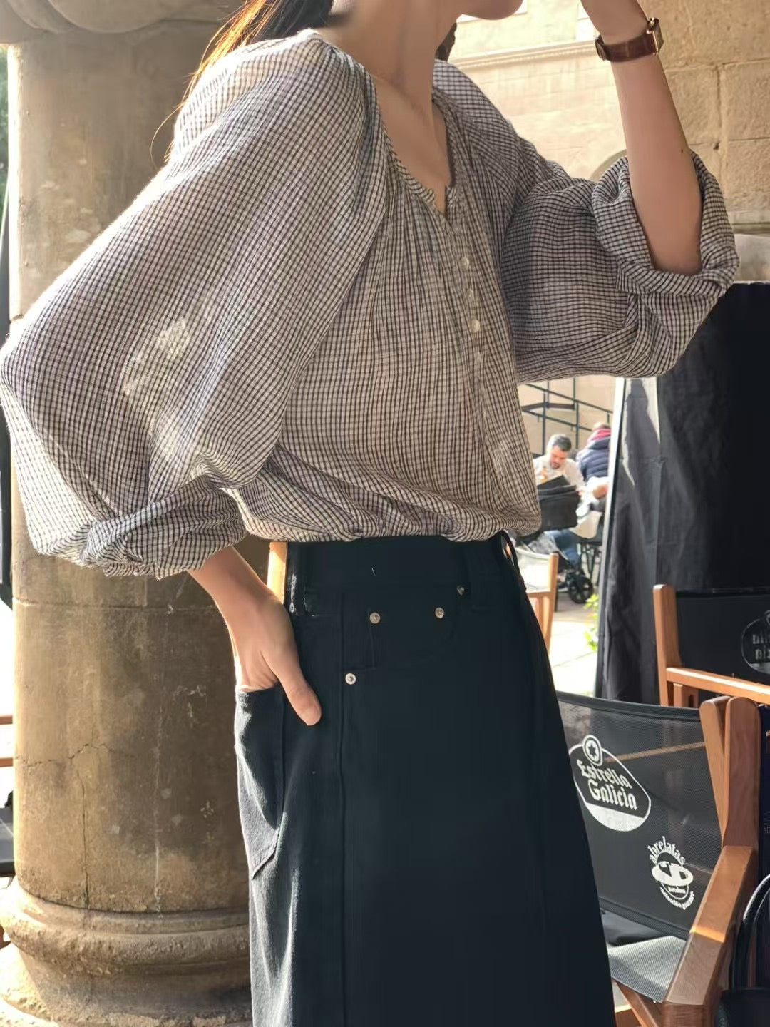 小格紋泡泡上衣