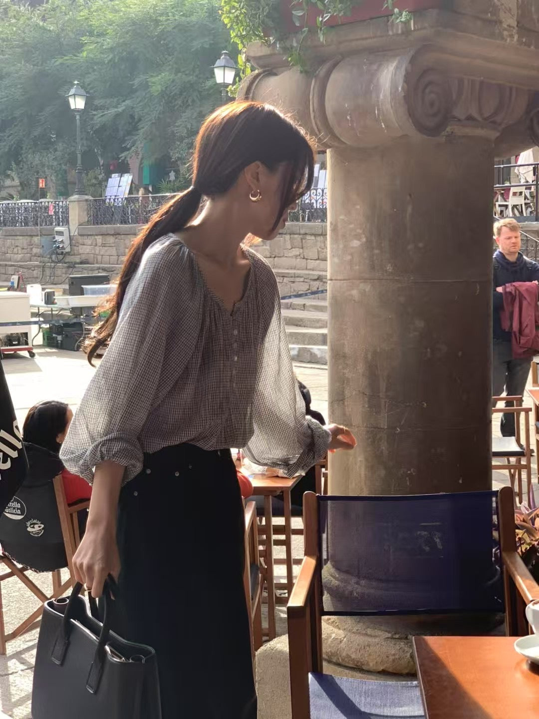 小格紋泡泡上衣