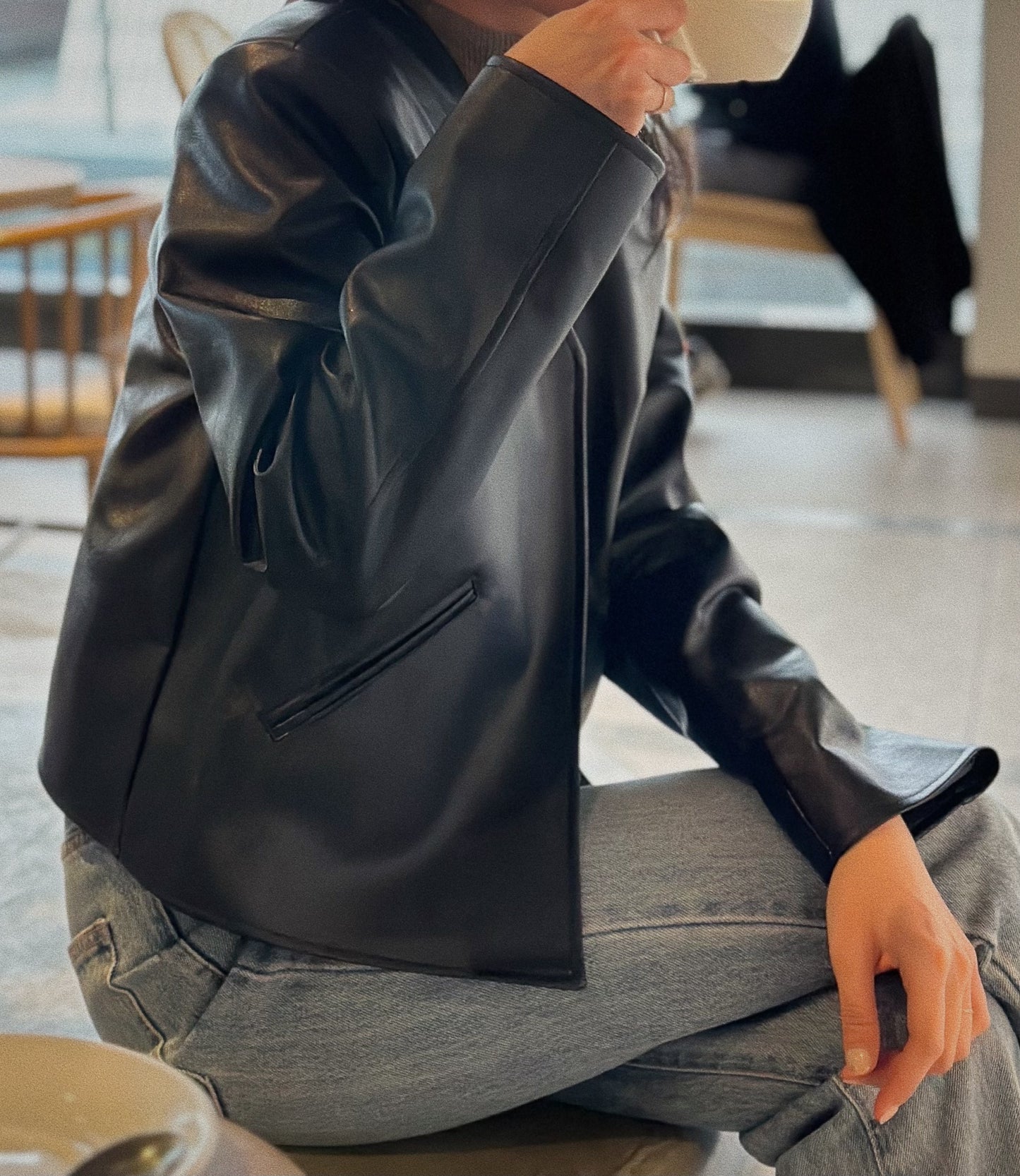 Collarless leather jacket