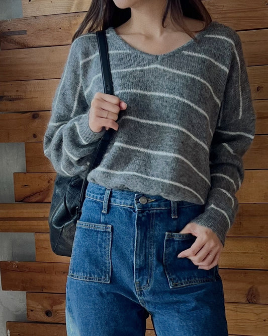 V領條紋羊毛針織上衣