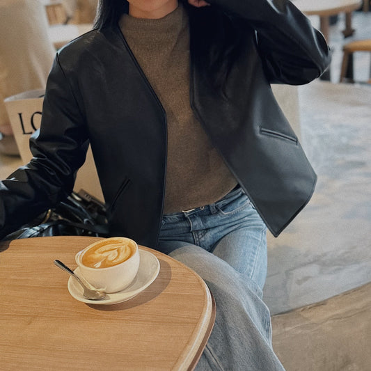 Collarless leather jacket