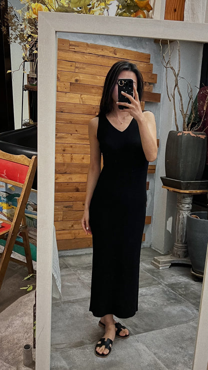 V領麻質連身裙
