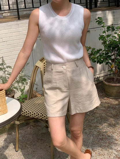 高腰麻質短褲