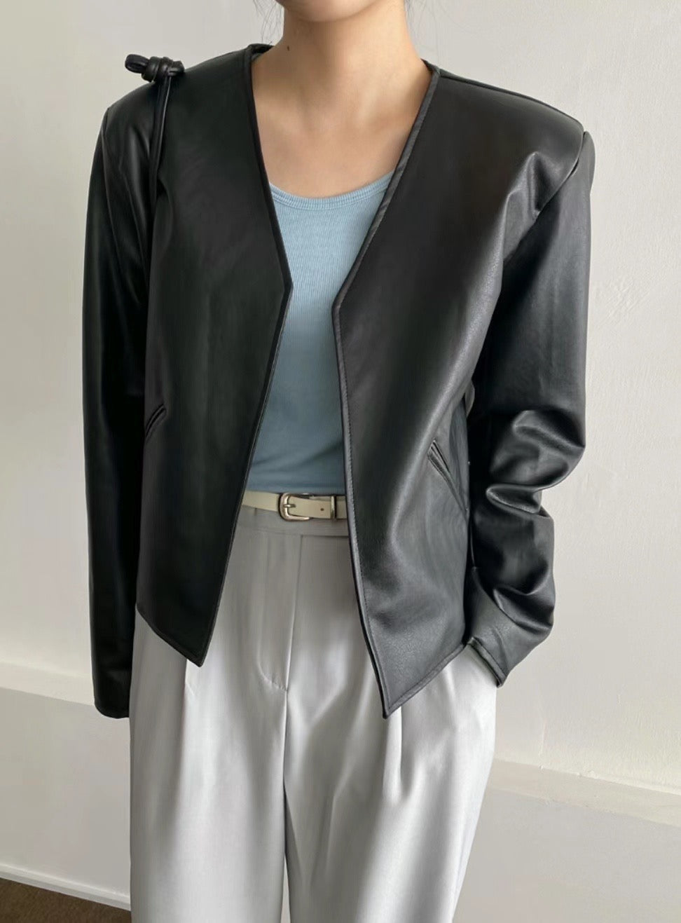 Collarless leather jacket