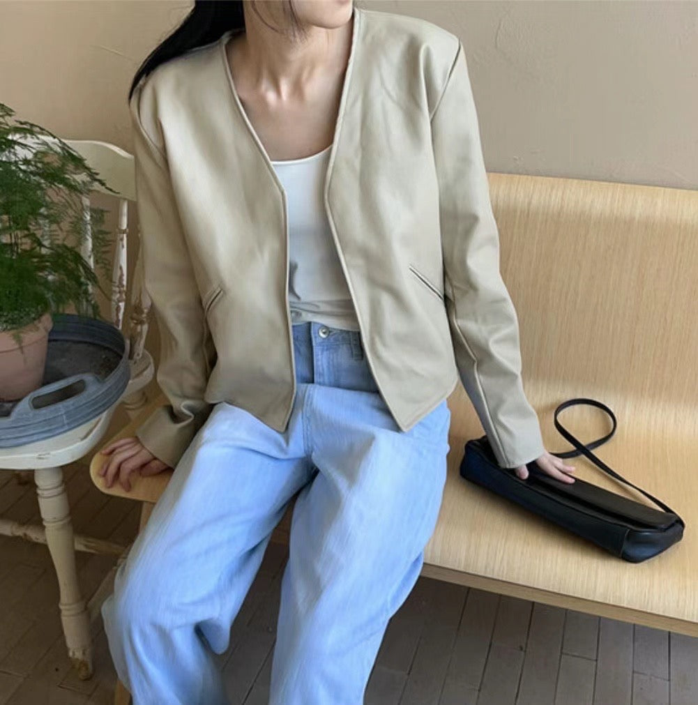 Collarless leather jacket